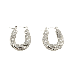 Symmetric view of silver 18K stainless steel U-shaped twisted textured hoop earrings