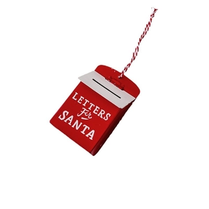 Red metal Santa mailbox Christmas ornament with silver lid and white hanging string