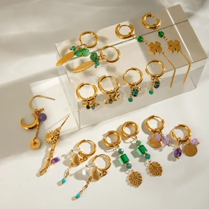 Gold stainless steel earring set with natural stone tassels, stars, moon and clover charms