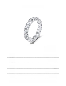 Technical view of 925 sterling silver eternity ring with 18 moissanite stones and size chart