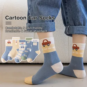 5-pair pack of pure cotton crew socks for kids featuring colorful cartoon car patterns