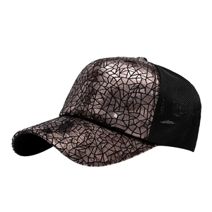 Unisex baseball cap with metallic bronze sequin texture and breathable black mesh back