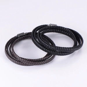 Multilayer braided leather cord bracelets in black and dark brown with metal clasps