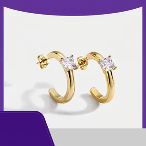 C Hoop Earrings Brass Gold Plated Square Zircon Fashion Simple For Women With 925 Sterling Silver Earring Post