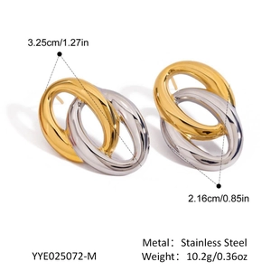 Detailed dimensions of two-tone interlocking oval earrings in gold and silver steel