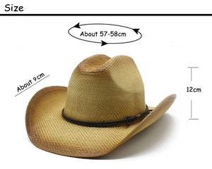 Size specifications of the hand-woven straw cowboy hat with dimensions and details