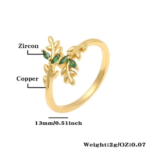 Detail showing leaf ring specs with green zircon inlay and 13mm copper band dimensions
