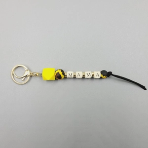 Silicone bead MAMA keychain with yellow sunflower beads and black leather lanyard