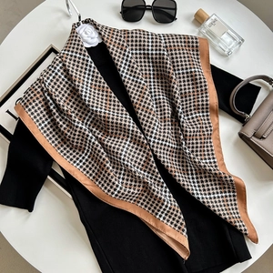 Elegant Houndstooth Polyester Satin Square Scarf For Women Classic Printed Twill Silk Like Shawl Wrap Commuting Fashion Accessory