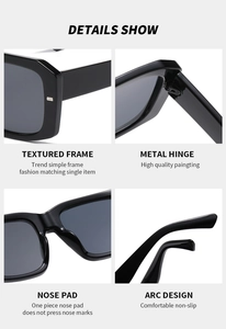 Detail view of square sunglasses showing metal hinges, nose pads, and sleek black frames