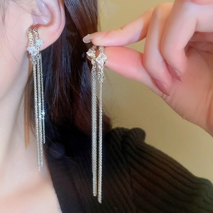 Detail of silver tassel earrings with sparkling square crystals and long chain fringes