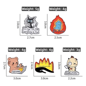Cartoon enamel pin set with cat and dog designs and Everything Is Fine text