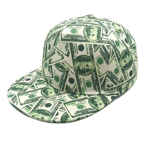 Flat brim snapback hat with vintage 100 dollar bill currency print and dollar patterns