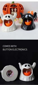Detail of Halloween ghost LED candle lamps showing the bottom battery compartment and case
