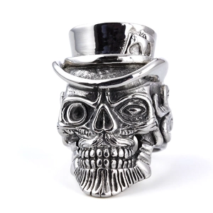 Vintage silver skull ring with a top hat in punk style on a clean white background
