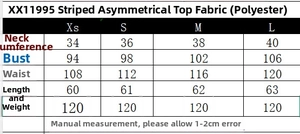 Tableau des tailles détaillé pour haut asymétrique rayé avec mesures en centimètres