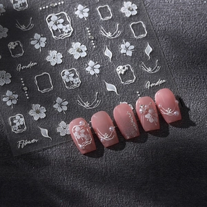 5D Relief Nail Art Stickers Self Adhesive Elegant White Floral Garden Design With Rhinestone French Style DIY Decoration