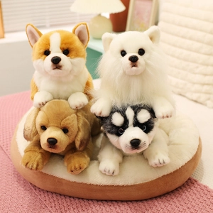 Realistic dog plush toy set including Corgi and Husky in a cozy pet bed display