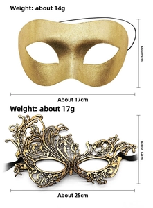 Detail of two gold masquerade masks with laser-cut lace and metallic fabric textures
