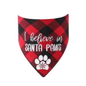 Classic red and black plaid cotton pet bandana with white Santa Paws print and snowflake