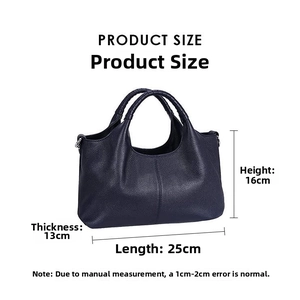 Detailed size chart of dark blue pebbled leather handbag with 25x16x13cm dimensions