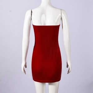 Back view of a tight red velvet tube dress featuring a slim fit and glossy finish texture