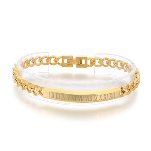 Gold Cuban link bracelet featuring a curved bar with engraved Roman numerals