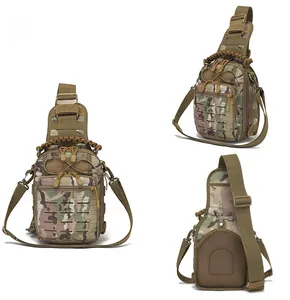 Detailed views of multi-terrain camouflage tactical chest bag with laser-cut MOLLE system
