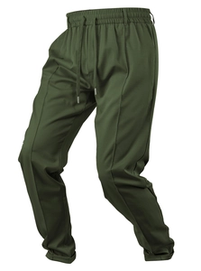 Men's olive green casual trousers with drawstring elastic waist and slim fit cut