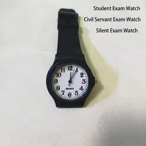 Close-up of a minimalist analog exam watch with a clear white dial and black numbers