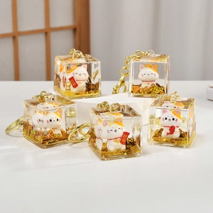 Set di cinque simpatici portachiavi Maneki Neko a forma di cubo in resina