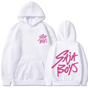 Sweat à capuche blanc unisexe avec imprimés SAIA BOYS roses sur l'avant et le dos