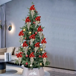 Detailed view of 12 red mushroom hat Christmas gnomes hanging on a festive tree branch