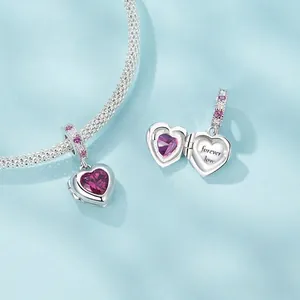 S925 sterling silver heart locket charm with purple zircon and forever love engraving