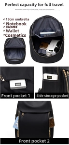 Detail of black nylon backpack showing main storage for iPad mini and umbrella