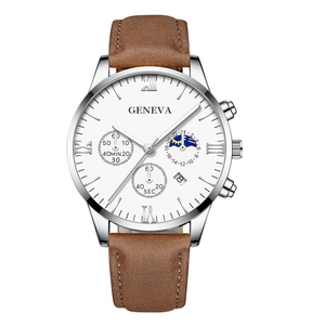 Detail of Geneva men's watch with Roman numerals, moon phase dial, and brown leather strap