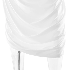 Detailed close-up of white ruched fabric texture and pleated hemline on sleeveless dress