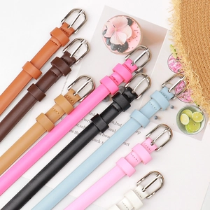 Set of slim faux leather belts for women in multiple colors with polished metal buckles