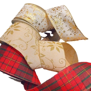 Christmas plaid linen ribbons with gold snowflakes and glitter patterns for DIY decor