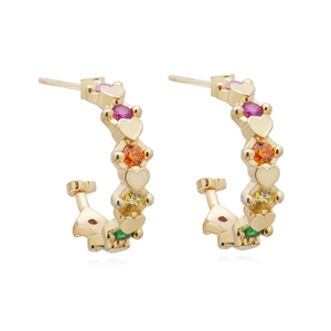 Elegant gold-tone C-shaped hoop earrings with colorful zircon gems and tiny hearts