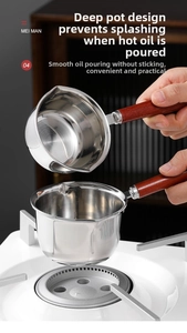 Close-up of deep stainless steel oil pot with wooden handle and dual pouring spouts