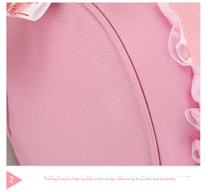 Detail view of pink canvas dance bag featuring delicate lace ruffles and premium fabric