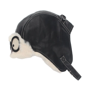 Detail of vintage star PU leather pilot hat with goggles and white fleece lining