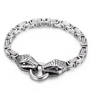 Mens stainless steel silver square link bracelet with detailed dual snake head design