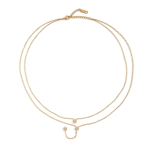 Double layered gold stainless steel necklace with zircon charms and U-shaped pendant