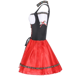 Traditional German Dirndl dress set with red skirt and embroidered floral trim detail