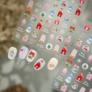 Détails des autocollants à ongles de Noël avec bonhommes de neige et cabanes en 3D