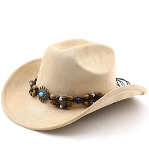 Detail of western cowboy hat with beaded band and turquoise stone on faux suede