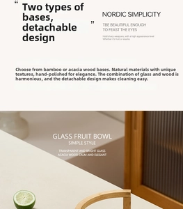 Close-up of glass fruit bowl with detachable handcrafted acacia wood base detail