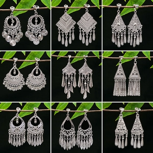 Ethnic silver geometric tassel clip-on earrings set in vintage bohemian style